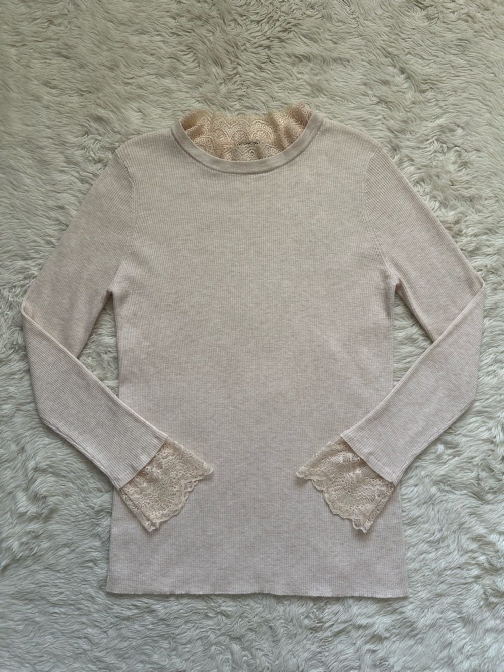 Tuckernuck Blouse Rosemary Top Ribbed Long Sleeve Lace Trim Cream Sz XL